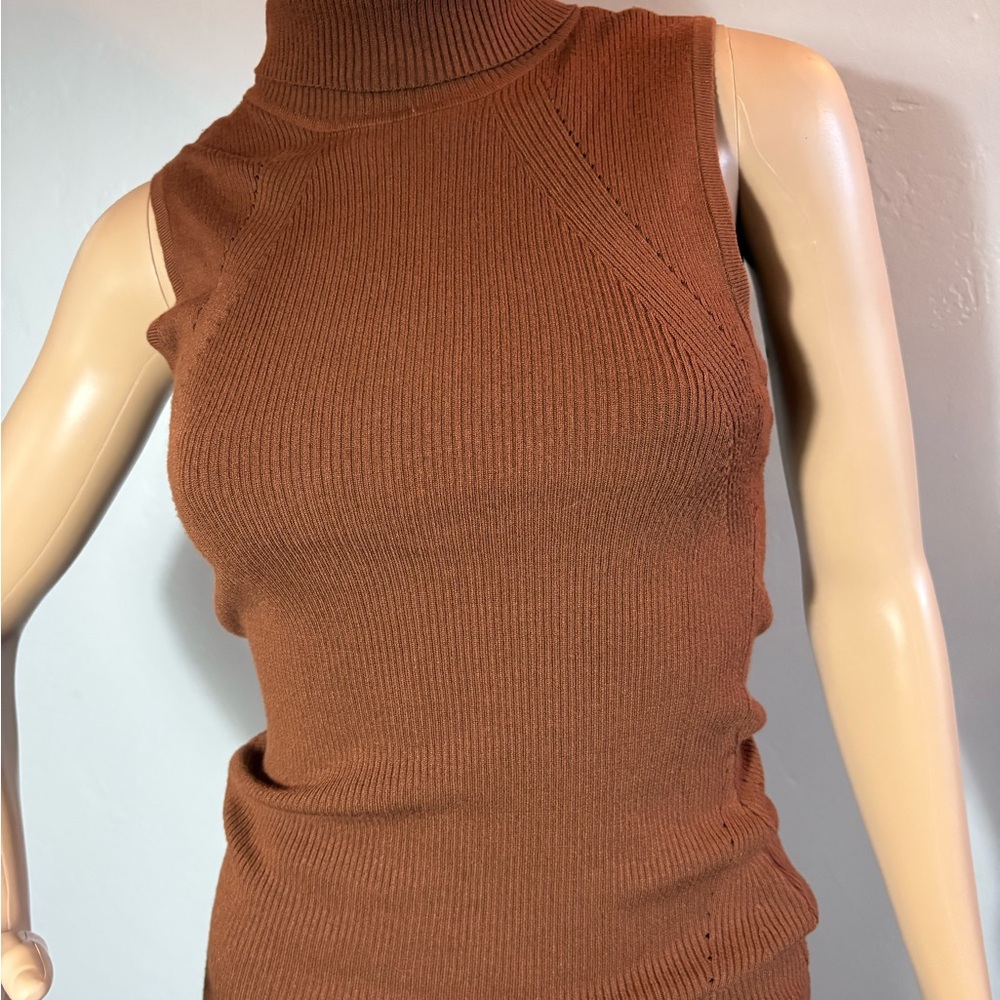 White House Black Market Sleeveless Brown Ribbed Turtleneck Top Size XS